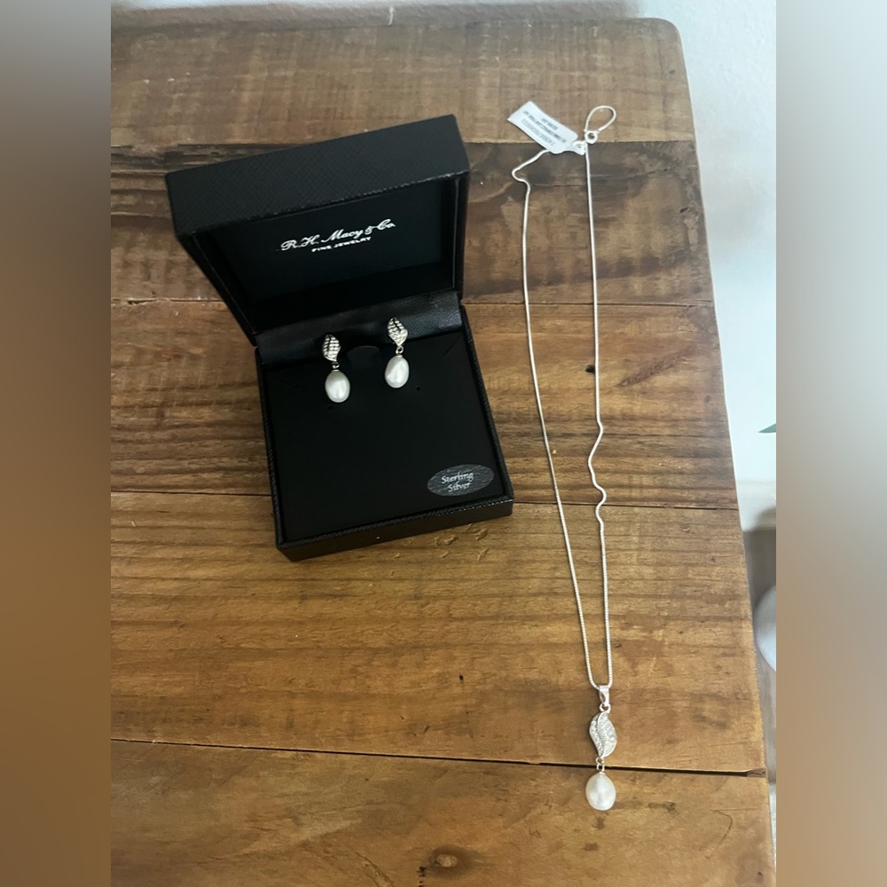 NWT Macy's Fine Jewelry - Silver and White Pearl Earrings & Necklace Set